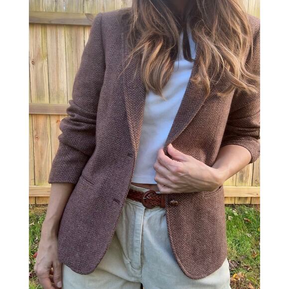 Vintage Wool Silk Tweed Blazer Brown Herringbone Jacket Made in Japan - Picture 8 of 9